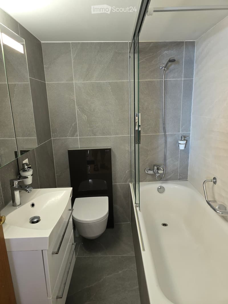 modern bathroom with white bathtub, white sink, white toilet, gray tiles, glass shower enclosure