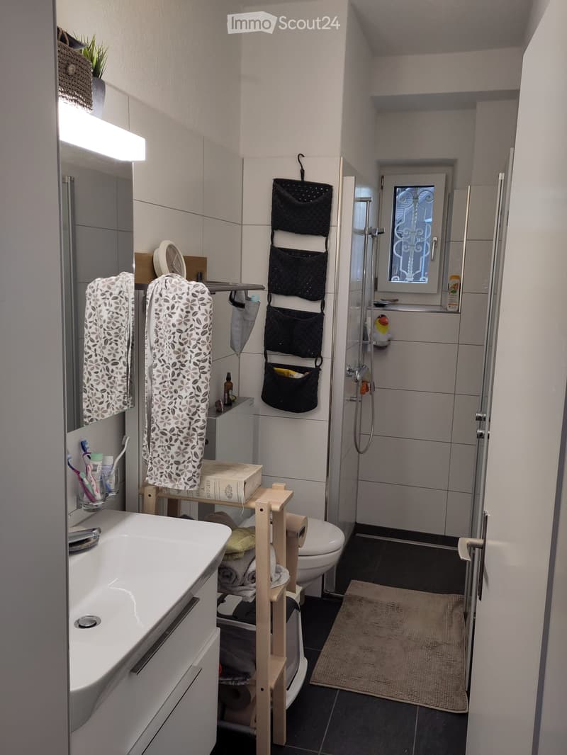 Modern bathroom with white tiles, a sink, mirror, toilet, shower, and various toiletries. Features include a towel rack with towels, a wooden shelf holding books and folded towels, and a small bath mat near the shower area.