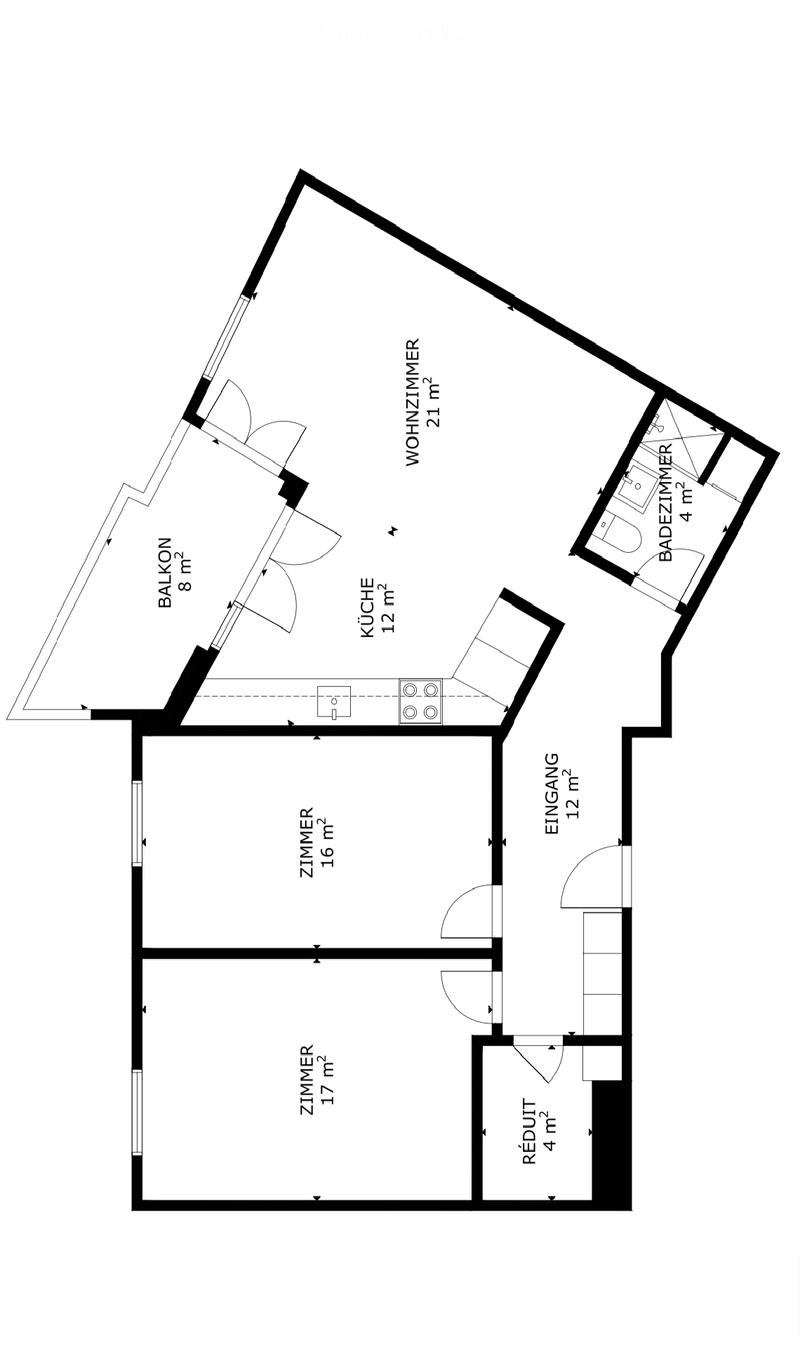 Floor plan showing a 4-room apartment with a kitchen, living room, bedroom, bathroom, hallway, and balcony.