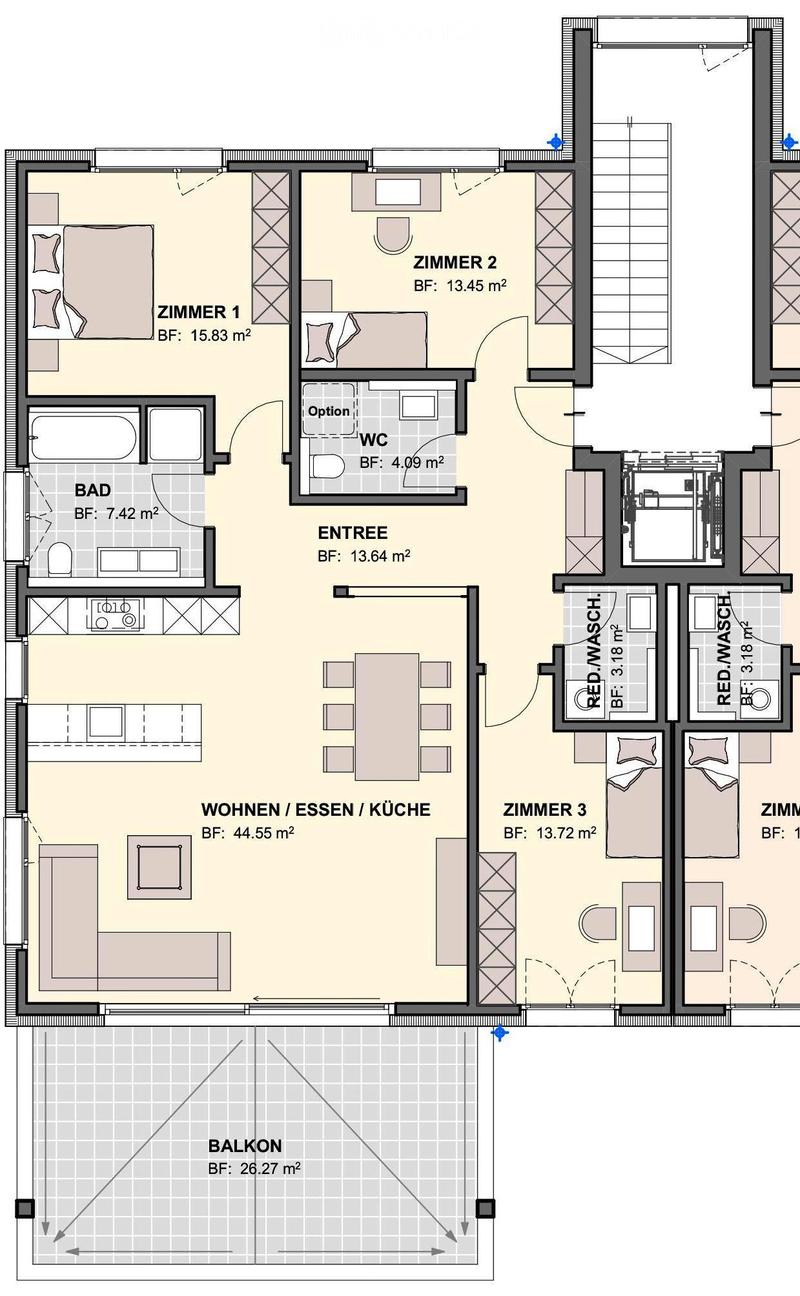 Floor plan of a residential unit with multiple rooms including living/dining/kitchen area, three bedrooms, bathroom, entrance, and a balcony.