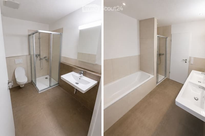 Two modern bathrooms with tiled walls and floors, each featuring a toilet, shower, sink, and bathtub. The left bathroom has a glass-enclosed shower and a single sink, while the right bathroom includes a bathtub and a double sink.