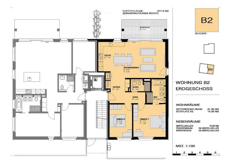 Floor plan of a ground floor apartment labeled 'Wohnung B2 Erdgeschoss' showing living room, kitchen, two bedrooms, bathroom, hallway, and storage area.