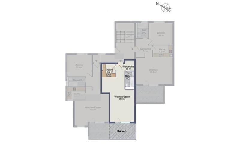 Floor plan showing a two-bedroom apartment with living/dining area, kitchen, two bathrooms, hallway, and balcony.