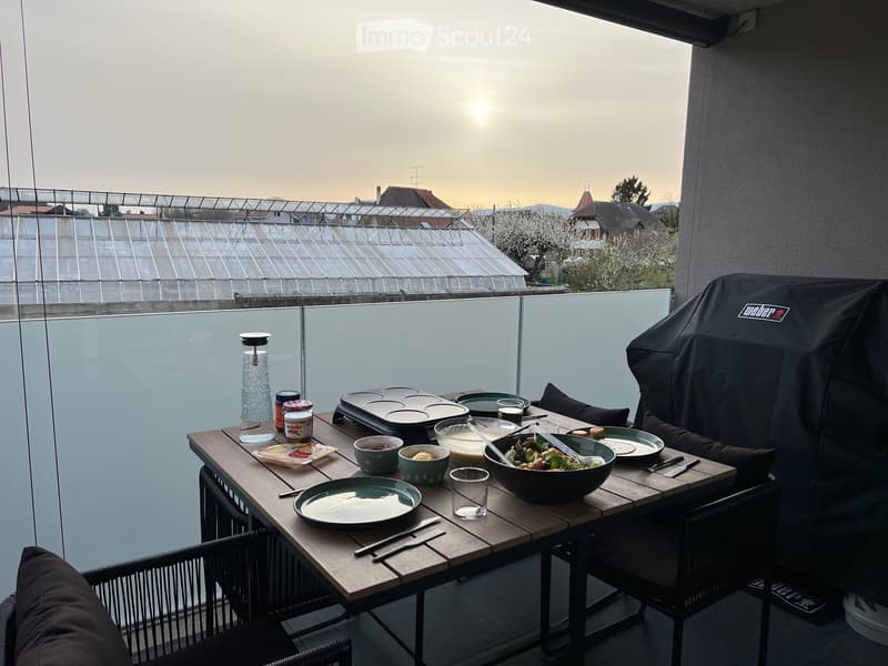 Balcony with outdoor dining set, covered by glass wall, garden view, barbecue, tableware