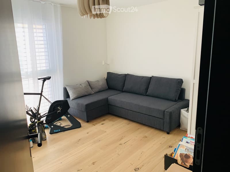 modern living room with grey sofa, black exercise bike, wooden floor, white curtains, ceiling lamp