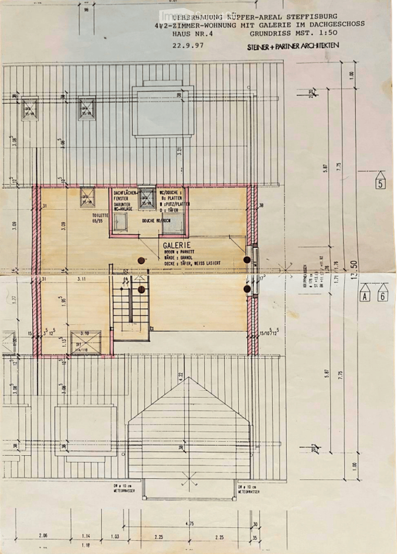 Architectural floor plan of a 4.5-room apartment with a gallery in the attic, house number 4, dated 22.9.97. Includes labeled rooms such as living room, kitchen, bedrooms, bathrooms, and gallery.
