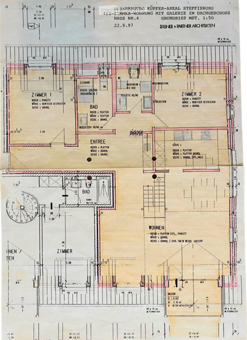 Floor plan of a 4.5-room apartment with gallery in the attic, including living room, kitchen, 2 bedrooms, 2 bathrooms, balcony.