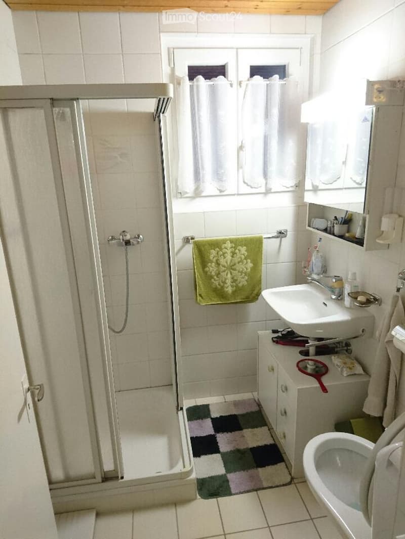 The bathroom features a shower with a glass enclosure, a sink with a mirror cabinet, a toilet, and a colorful checkered bath mat on the floor. The walls are tiled, and there is a window with white curtains above the shower area.