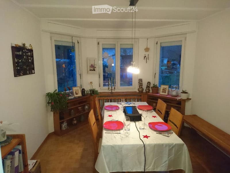 Dining room with a long table set for a meal, surrounded by chairs, with shelves and plants along the walls.