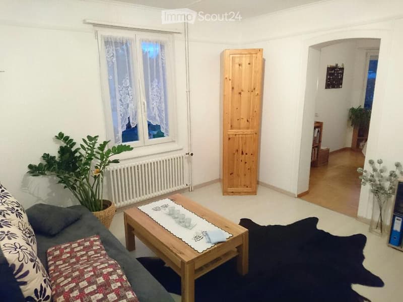 A modern living room with a grey sofa, wooden coffee table, and a large plant near the window. The room features white walls, wooden flooring, and a wooden wardrobe in the corner.