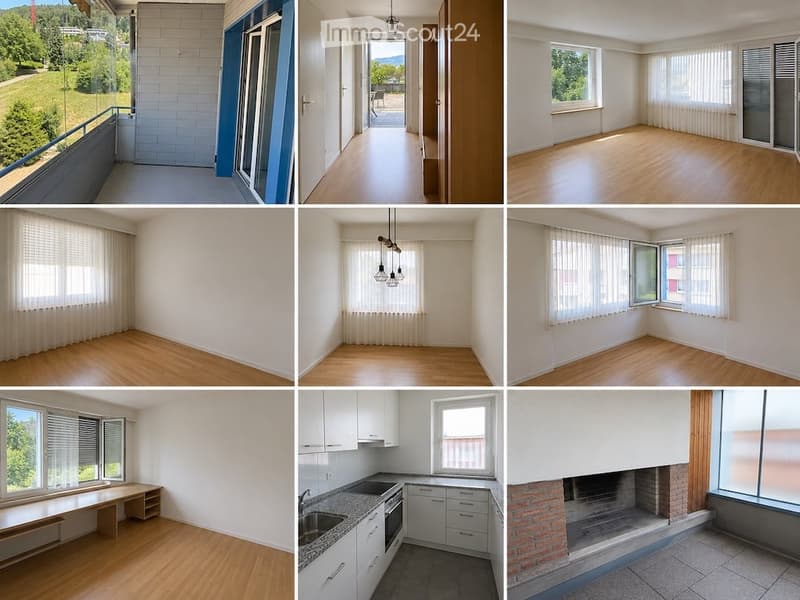 A collage of unfurnished rooms and spaces, including a balcony with a scenic view, a hallway, and several empty rooms with wooden flooring and large windows.