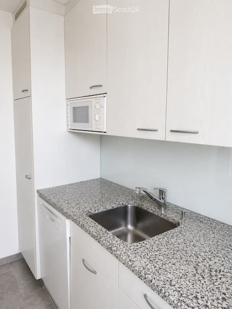 Modern kitchen with white cabinets, granite countertop, stainless steel sink, and microwave.