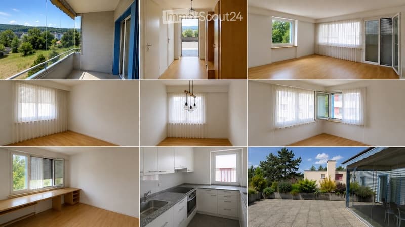 A collage of images showcasing a modern house with multiple rooms, including a balcony with scenic views, a hallway, several unfurnished rooms with large windows, a kitchen, and an outdoor patio area.