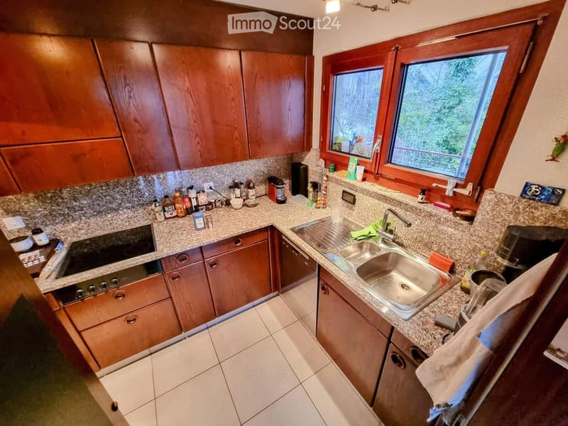 The kitchen features wooden cabinets, a granite countertop, and stainless steel appliances including a sink and oven. Various kitchen items and utensils are placed on the counter.