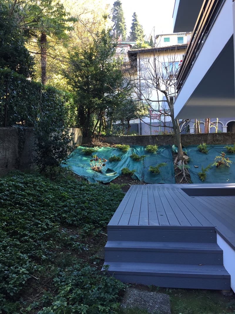 Garden with wooden deck, steps, and various plants, including shrubs and small trees, with a covered area for plants and a view of neighboring buildings.