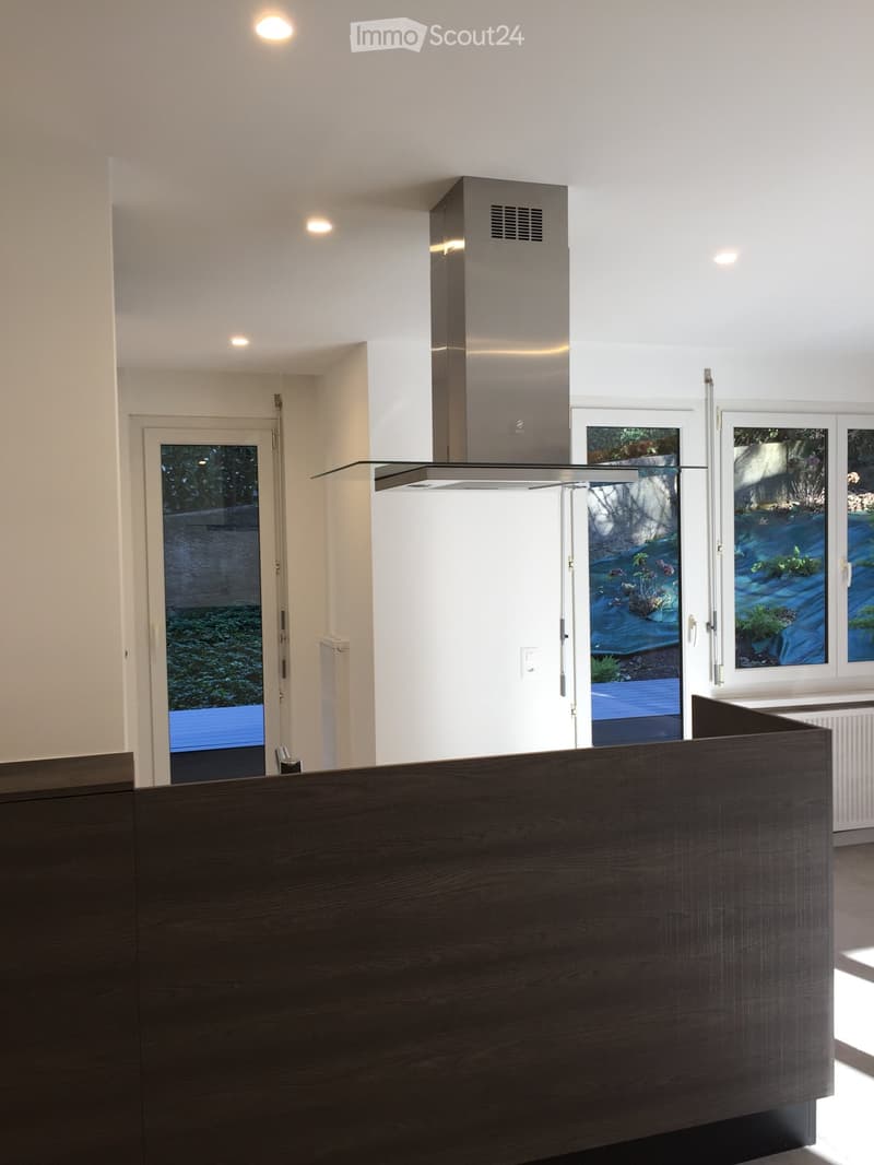 Modern kitchen with a dark wooden cabinet, stainless steel range hood, and large windows overlooking a garden.