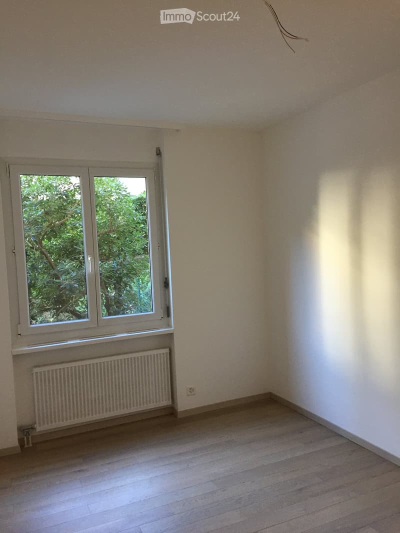 Empty room with wooden flooring, white walls, a window with white frame, and a radiator below the window.