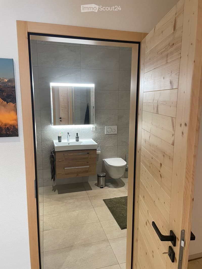 Modern bathroom with a white sink, wooden cabinet, large mirror with LED lighting, toilet, and a small trash can. The floor is tiled, and the walls are covered in grey tiles.