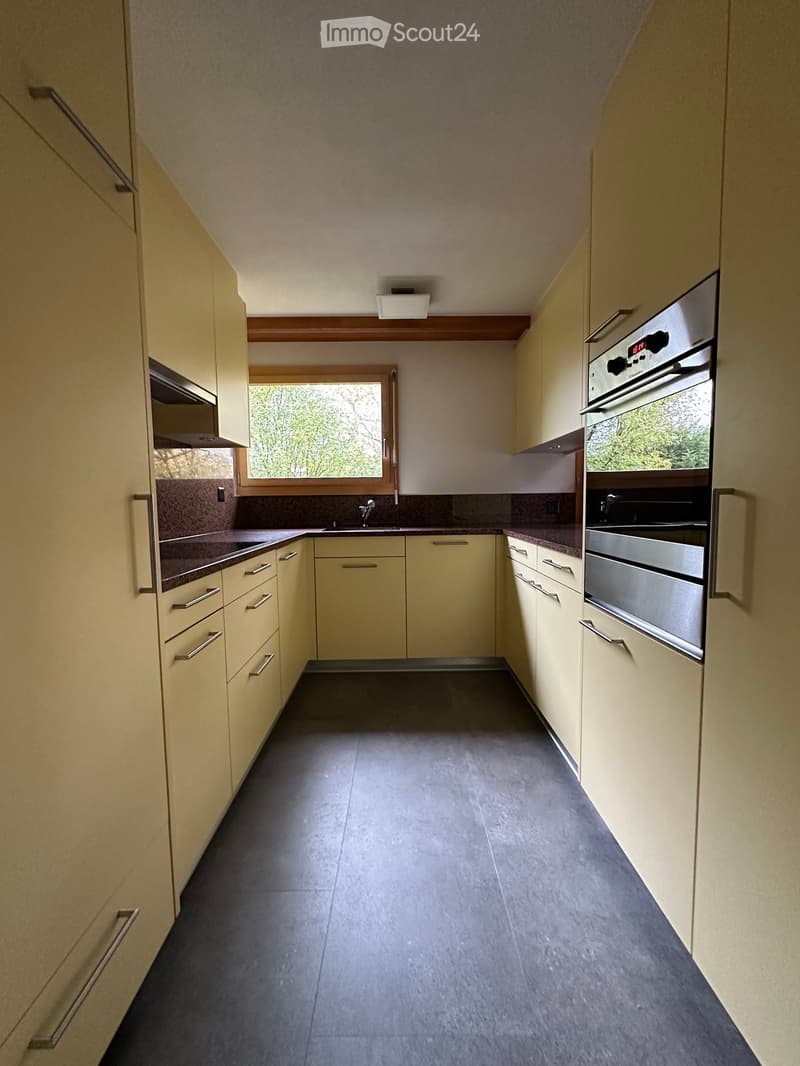 Modern kitchen with light-colored cabinets, stainless steel oven, and dark countertops.