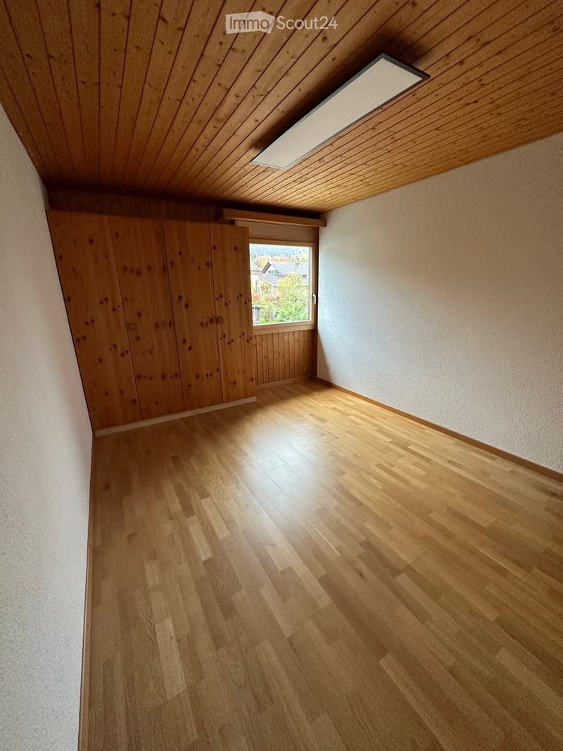 Empty room with wooden flooring, white walls, and a skylight window. The room has wooden paneling on one wall and a door leading to an outdoor view.
