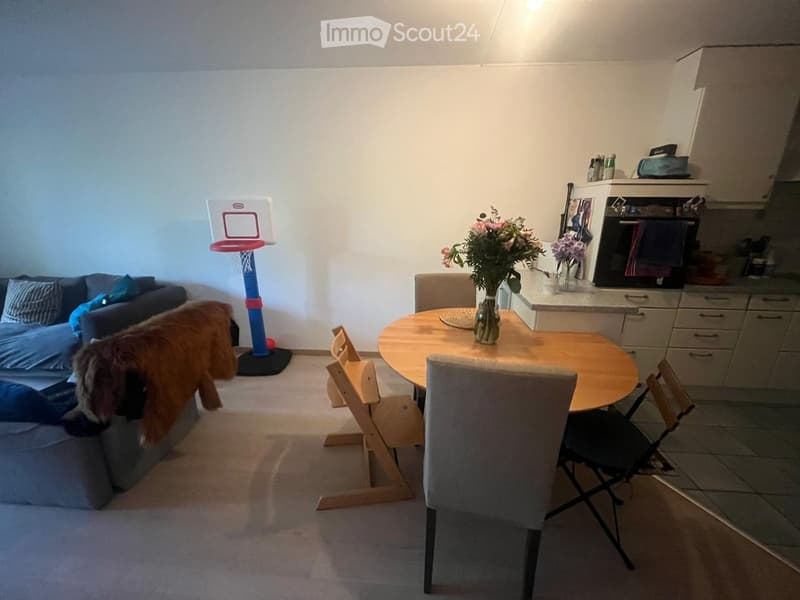A cozy living and dining area with a sofa, a round wooden dining table with chairs, a vase with flowers, a small refrigerator, and a basketball hoop for a child.