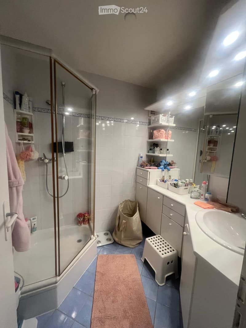 The bathroom features a white tiled shower area with a glass door, a sink with a mirror and cabinet, a toilet, a pink bathrobe hanging on the door, a small white stool, a beige bag, and a pink bathroom rug on the floor.