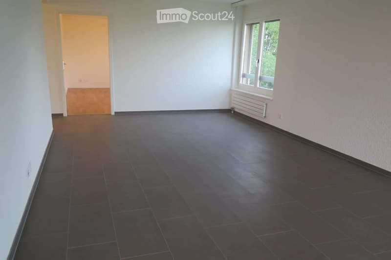 Empty room with dark tiled floor, white walls, and a large window with a view of greenery. No furniture or equipment is present.