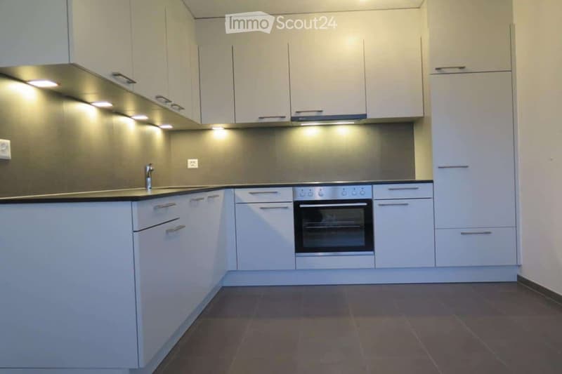 Modern kitchen with white cabinets, stainless steel oven, and range hood. Dark tiled floor and countertops.