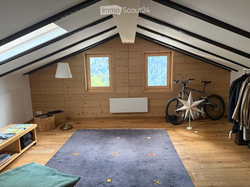 Cozy attic room with wooden walls and floor, skylight windows, a small table with books, a bicycle, a coat rack, a floor lamp, and a large blue rug.