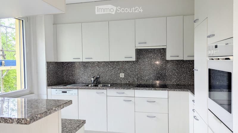 Modern kitchen with white cabinets, granite countertops, and stainless steel appliances including a sink, oven, and dishwasher.