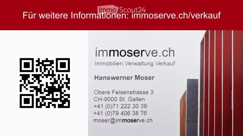 Business card for Immoserve.ch, a real estate company, with contact details and a QR code.