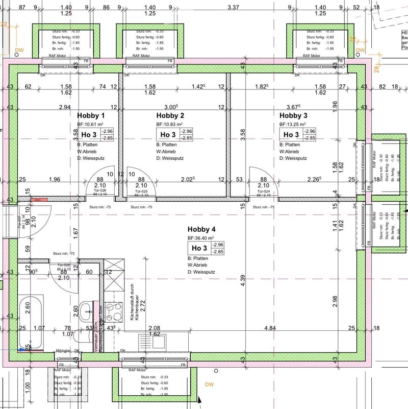 Floor plan showing four hobby rooms (Hobby 1, Hobby 2, Hobby 3, Hobby 4), each labeled with dimensions and floor area. Includes structural details, measurements, and room labels.