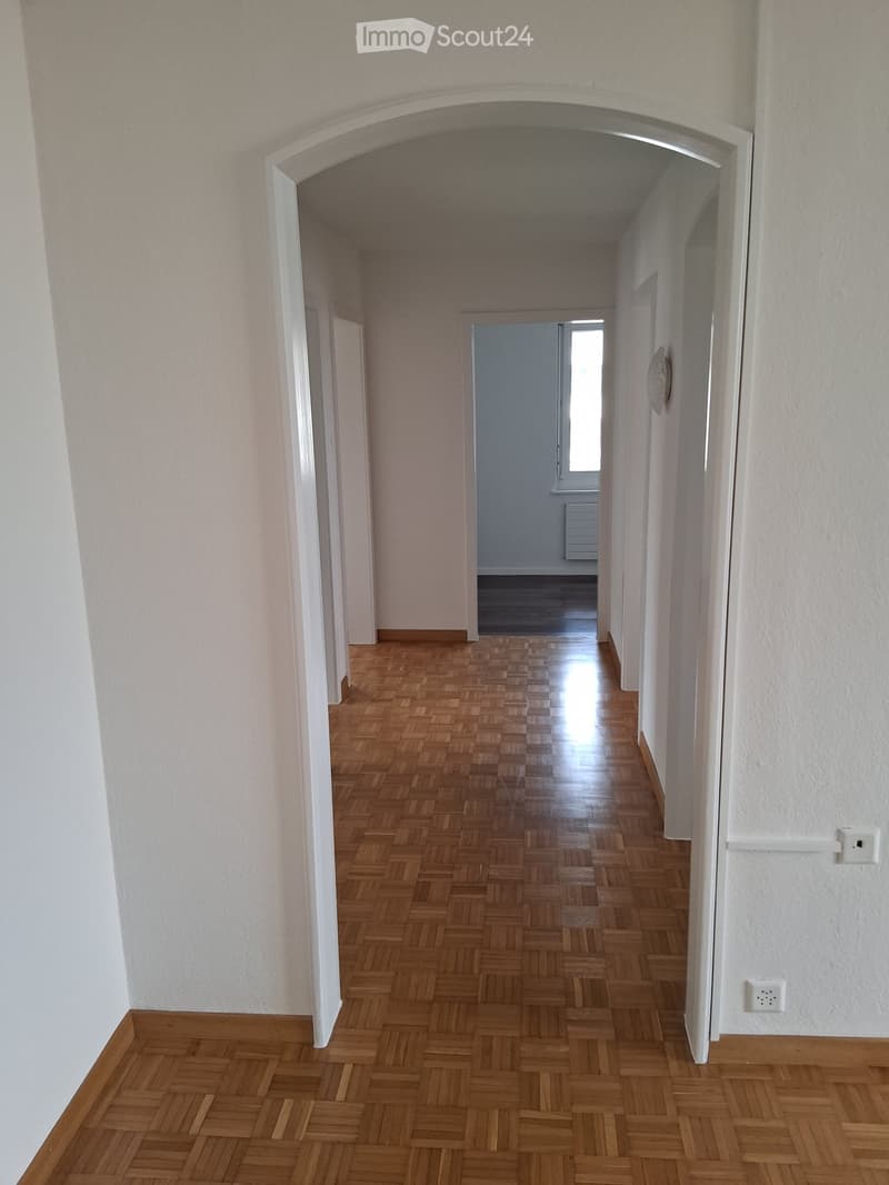 Empty hallway with wooden herringbone flooring, white walls, and arched doorways leading to other rooms.