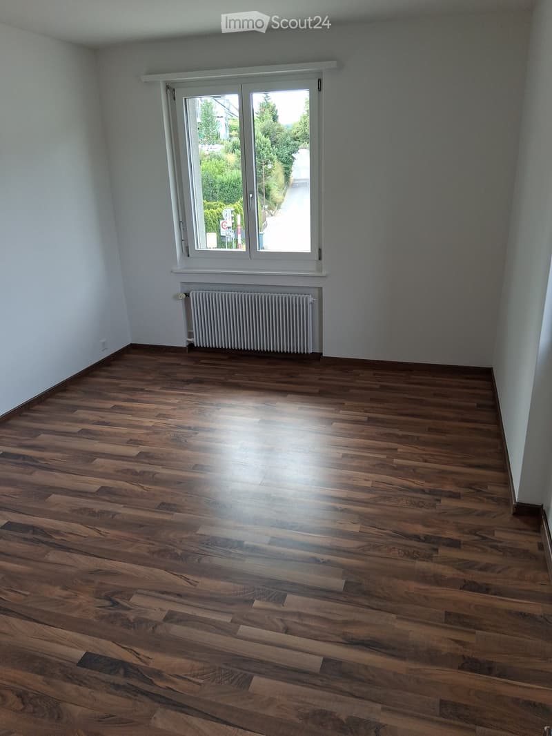 Empty room with wooden flooring, white walls, a radiator, and a large window with a view of greenery outside.
