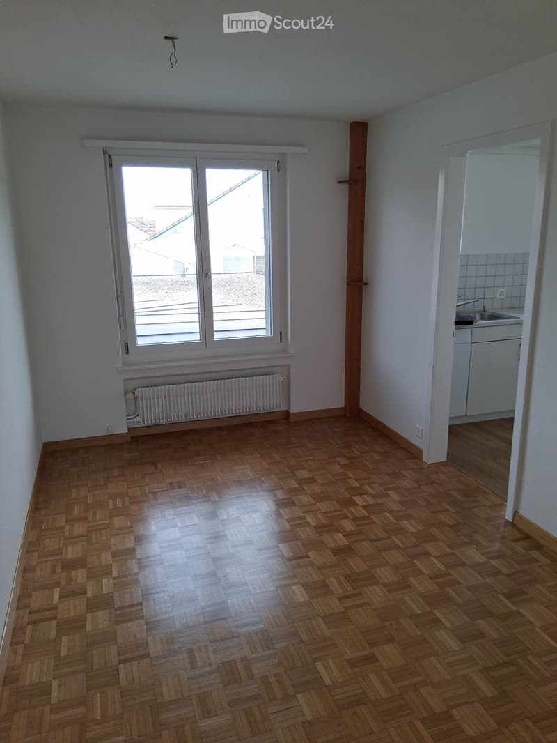 Empty room with wooden parquet flooring, white walls, a large window with white frame, radiator, and a small adjacent kitchen area with sink and cabinets.