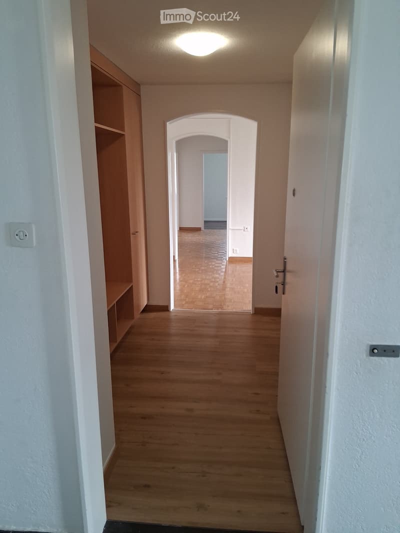 Empty hallway with wooden flooring, white walls, and a ceiling light. Features an arched doorway leading to another room.