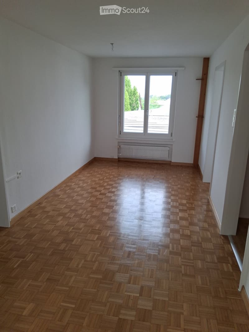 Empty room with wooden parquet flooring, white walls, large window with white frame, radiator, and visible electrical outlet.