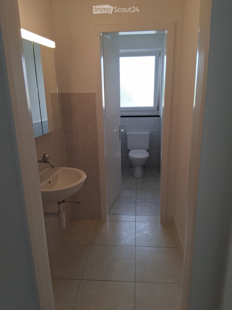 Modern bathroom with a sink, toilet, and mirror. The space is clean and well-lit with tiled walls and floor.