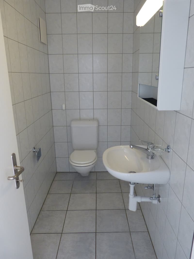 Small bathroom with tiled walls and floor, featuring a toilet, a sink with a faucet, and a mirror above the sink.
