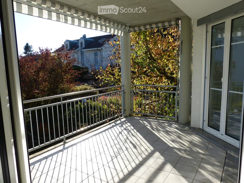 Balcony with tiled floor, metal railing, and striped awning, overlooking a residential area with trees and houses.