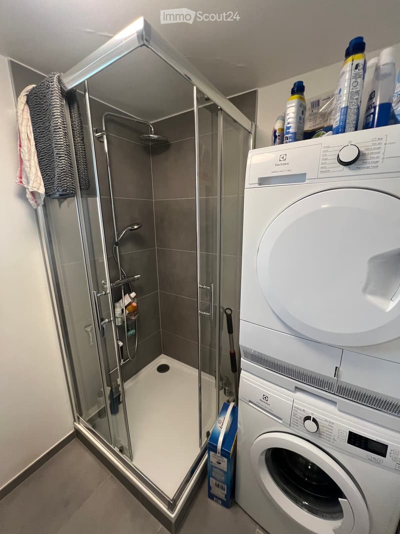 Modern bathroom with a glass-enclosed shower and a stacked washing machine/dryer unit. Cleaning supplies are placed on top of the dryer.