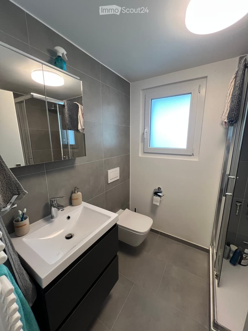 Modern bathroom with a white sink, chrome faucet, toilet, large mirror, and a shower area. The room features grey tiles and a window with frosted glass.
