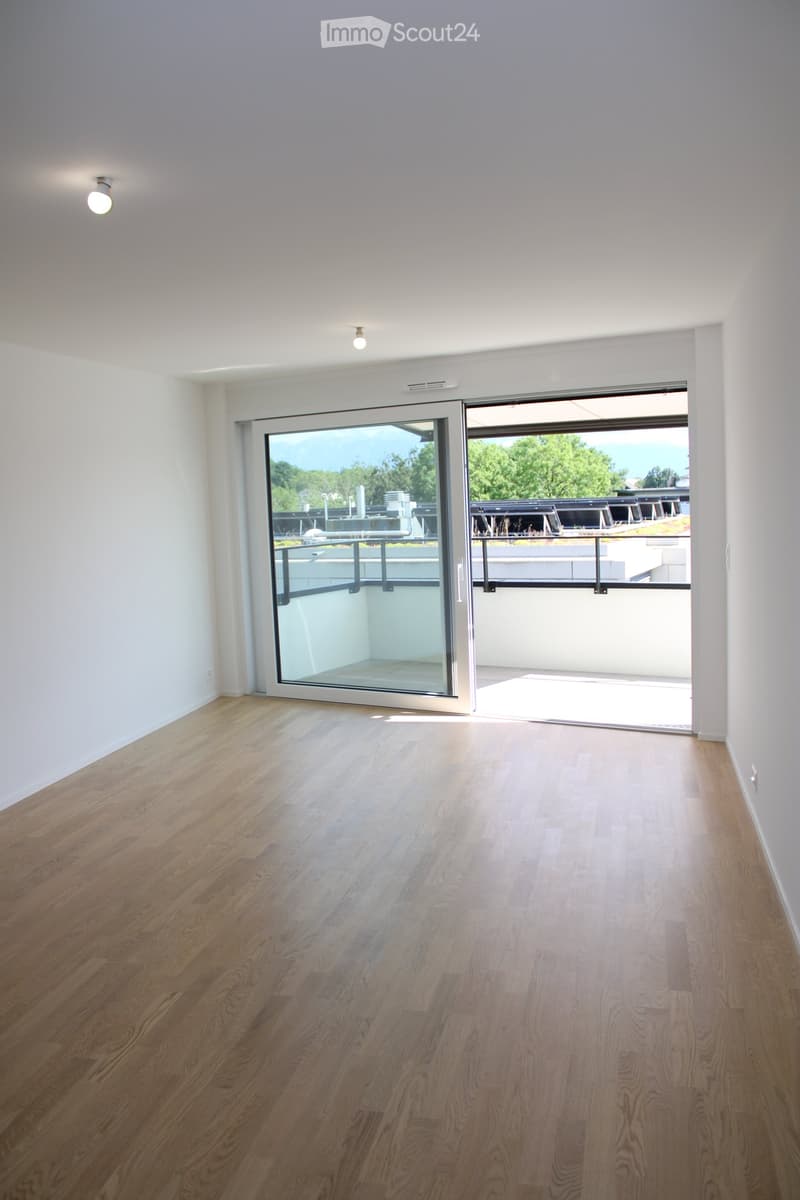 Empty room with light wooden flooring, white walls, and a large sliding glass door leading to a balcony.