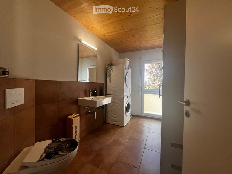Modern bathroom with wooden ceiling, tiled walls, sink, toilet, washing machine, and large mirror.
