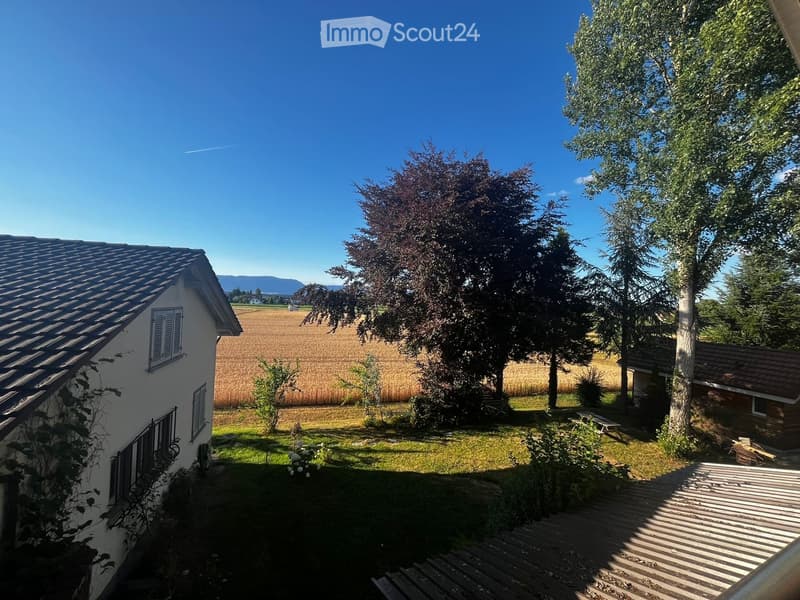 A peaceful garden area with a wooden deck, grassy lawn, trees, and a view of a field and mountains in the background.