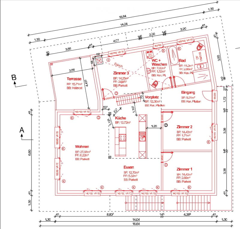 Floor plan showing a living area, kitchen, three bedrooms, bathroom, entrance, and a terrace.