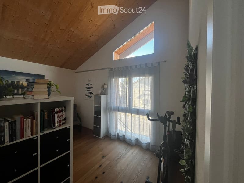 A cozy, well-lit room with wooden flooring, a large window with a curtain, a bookshelf filled with books, a bicycle, and a small plant on the wall.