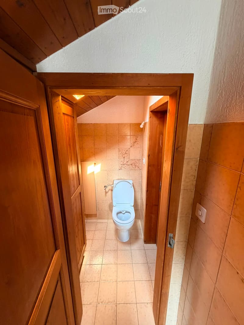 Small bathroom with a toilet, tiled walls and floor, wooden door frame, and warm lighting.