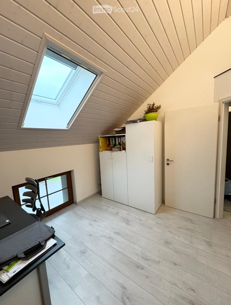Skylight, wooden ceiling, white walls, white floor, white cabinet, desk, chair, potted plant