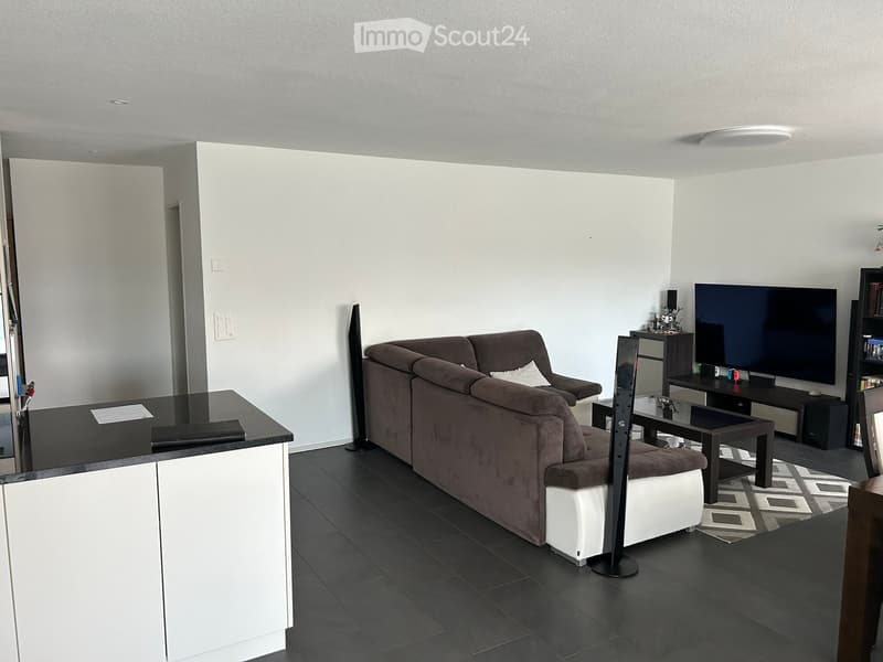 Modern living room with a brown sectional sofa, coffee table, flat-screen TV, bookshelf, and a small table with a glass top.